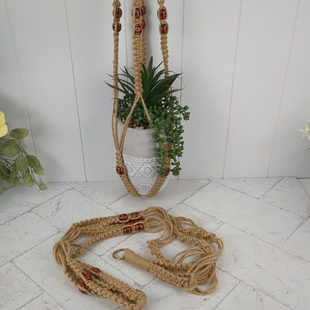 Macrame Plant Flower Pot Hangers Pair Wooden Floral Beads Boho Set of 2